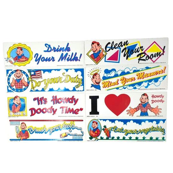 8 Vintage Howdy Doody Bumper Sticker Lot 1988 Clean Your Room Drink Milk Duty - Picture 1 of 4